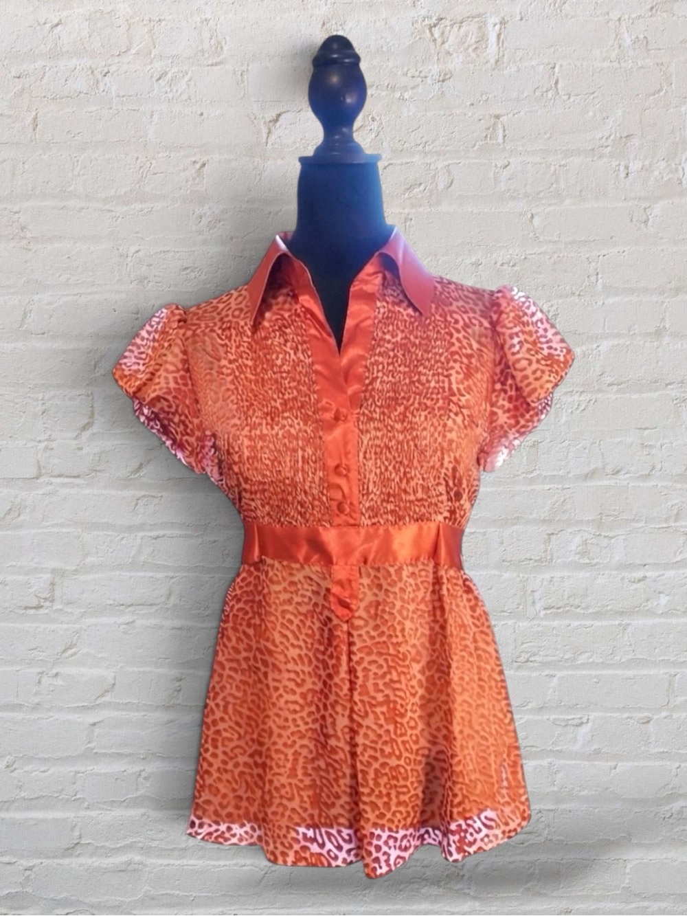 Vintage XOXO Blouse Top Orange Animal Print Devoré Velvet Satin 2 Piece Y2K M
